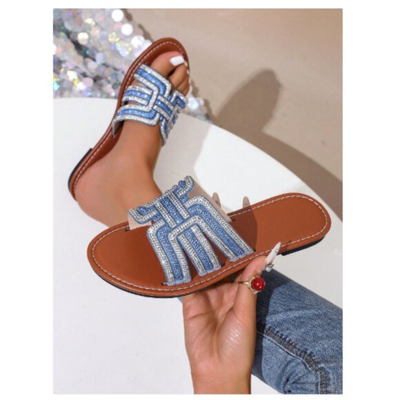 Women's Blue Beaded Slide Sandals - Open Toe Casual Flats - Size 6.5 - Picture 2 of 5